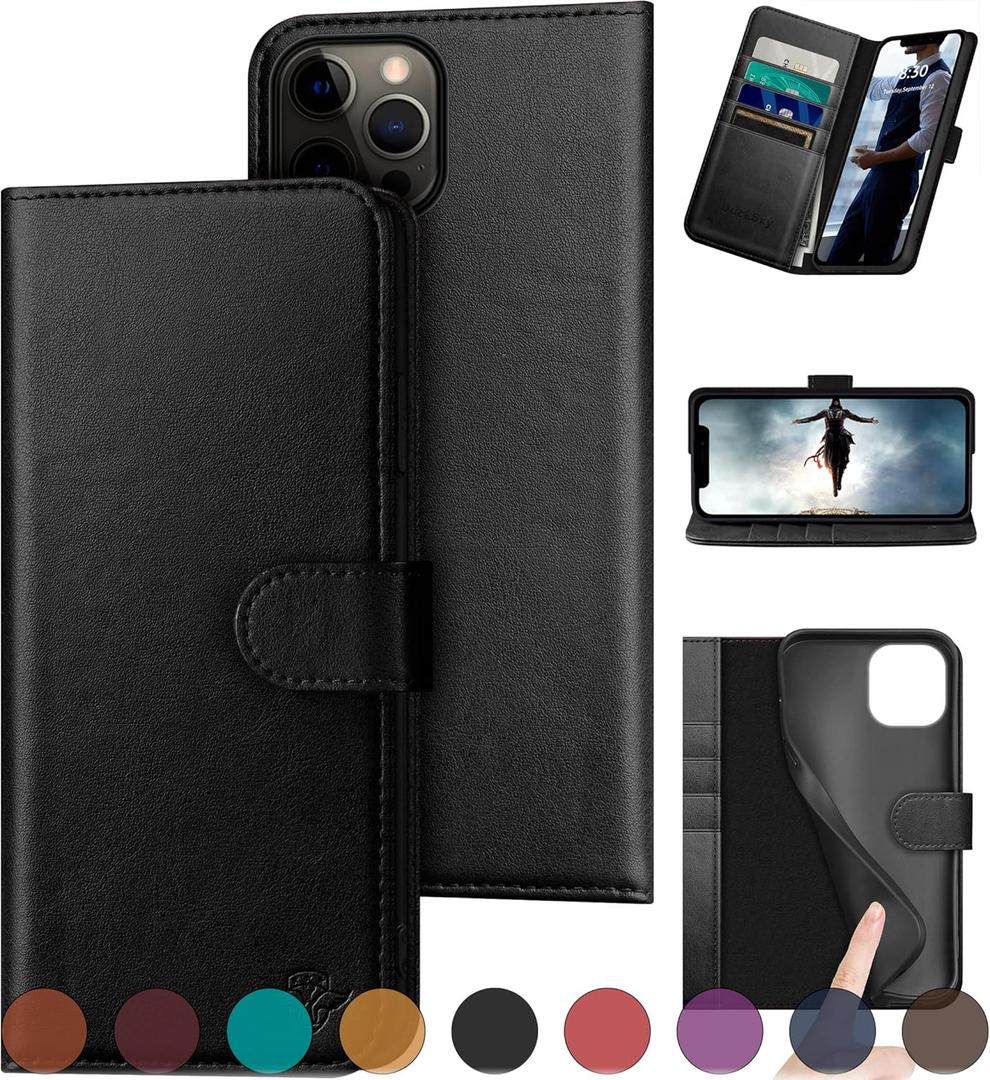 DuckSky for iPhone 12/12 Pro 6.1" Genuine Leather Wallet case RFID Blocking4 Credit Card HolderReal Leather Flip Folio Book Phone case Protective Cover Women Men for Apple 12 case Black
