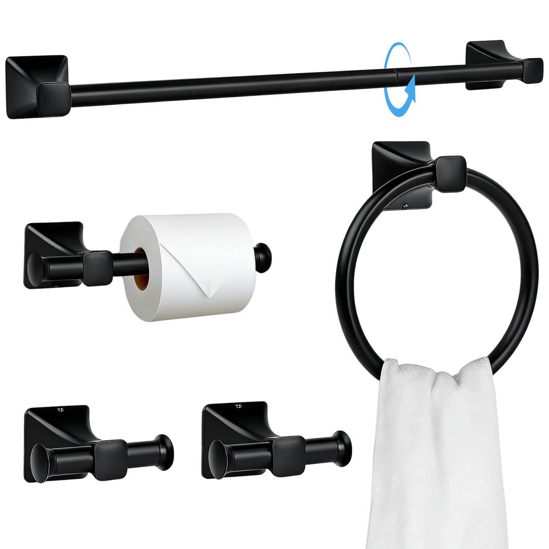 SUS304 Stainless Steel Bathroom Hardware Set, 5-Piece Matte Black Wall Mounted Towel Rack Accessories Set, 24 Inch Towel Bar, Towel Ring, Toilet Paper Holder, Towel Hooks, Multipurpose for Bathroom