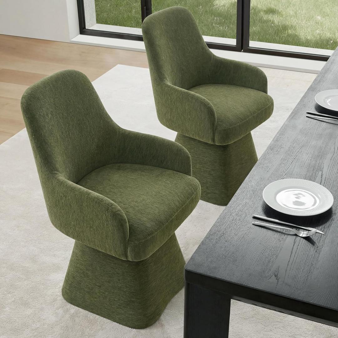 KISLOT Swivel Dining Chairs Set of 2, Mid Century Modern Chairs Fabric Upholstered Armchair with Armrest & Ergonomic Backrest for Dining Room, Kitchen, Bedroom, Living Room, Green, 2 Boxs