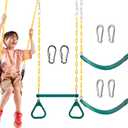TURFEE 3 Pack Assorted Swing Set, Including 1 Gym Rings Trapeze Bar and 2 Pcs Swings with Plastic Coated Chain, Swingset Accessories Replacement for Kids Outdoor Play, Playground- Green