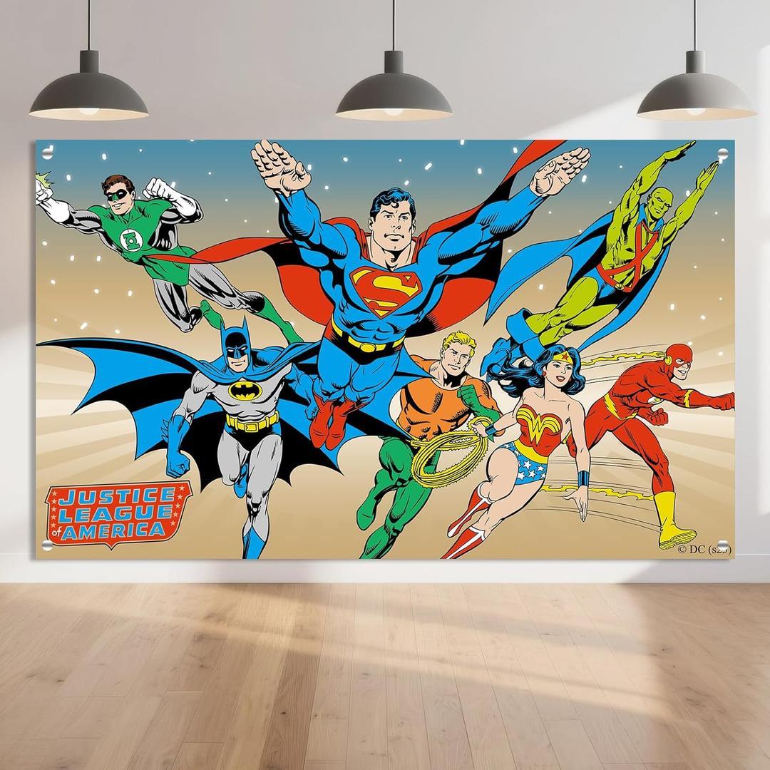 Superhero Backdrop Photography Background, Super Heros League Photo Booth Banner for Kids, Birthday Party Wall Decorations, Window Curtain Picnic Mat Outdoor Indoor Use