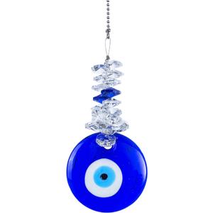 Blue Glass Evil Eye Talisman with Crystal Beads - Good Luck Charm, Home, Office, Car Decoration, Blessing Ornament, Reflects Negative Energy