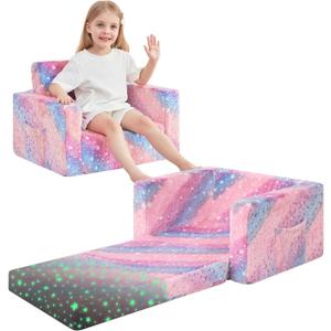 lasoftan Toddler Couch, 2-in-1 Soft Kids Couch Bed Fold Out, Toddler Chairs Comfy for Boys & Girls, Convertible Kids Sofa to Lounge for Playroom, Gift for Birthday, Children's Day- Glow Star, 17 inches x 23 inches x 16 inches