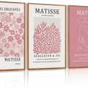 HLNIUC Matisse Pink Framed Wall Art Set,Neutral Pink Flower Canvas Wall Decor Set of 3(24”x36’) Modern Aesthetic Pictures Painting,Abstract Floral Market Art Print for Living Room Bedroom Office