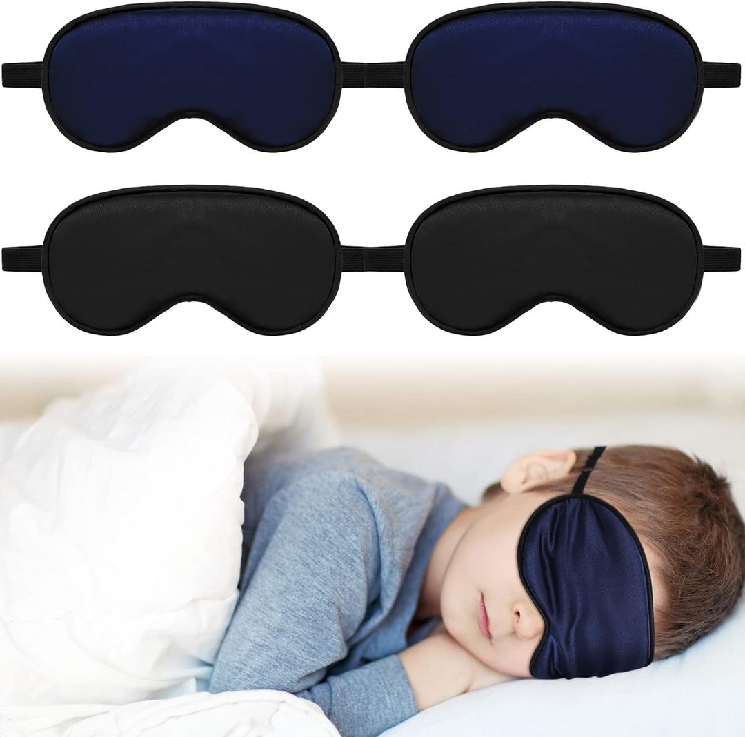 Sintege 4 Pcs Silk Eye Mask for Sleeping Kids Soft Eye Cover with Adjustable Strap Blindfold for Kids Boys Girls Christmas Travel Gift Nap Shade Blocking Light(Black, Navy Blue)