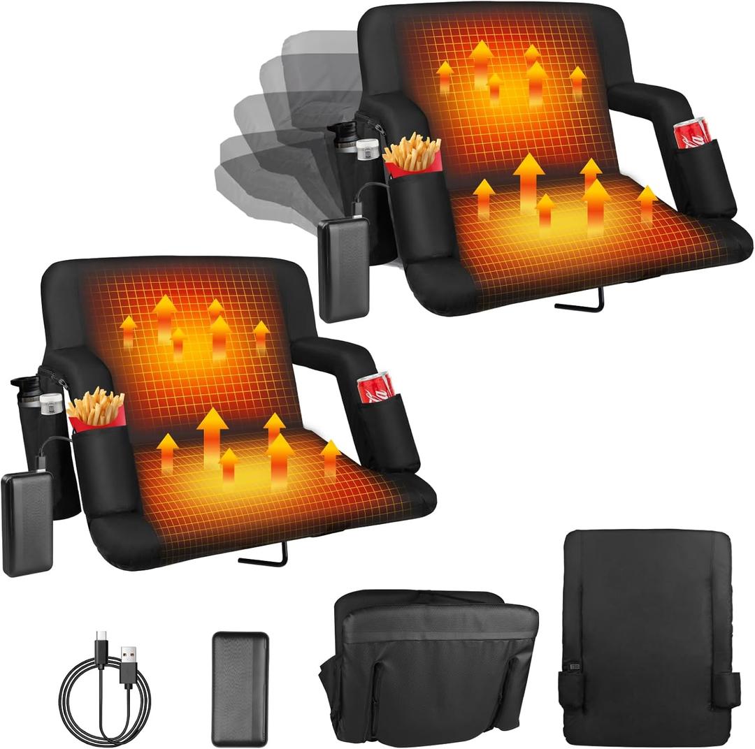 Heated Stadium Seats for Bleachers with Back Support 25 Inch Bleacher Chair with 20000mAh Batter3 Levels Heating Stadium Chair with 6 Reclinng Positions 3 Pockets Portable Waterproof (2, 25inch)