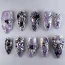 24Pcs Purple Flower Press on Nails Medium Almond Y2k Fake Nails Black Star with 3D Silver Bow Pearl Design Glitter Gems False Nails Full Cover Artificial Glue on Nails Luxury Stick on Nails for Women