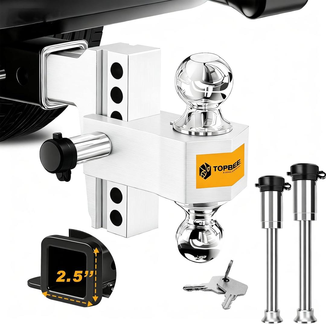 TOPBEE Adjustable Trailer Hitch, Drop Hitch, Tow Hitch Fits 2.5-inch Receiver, 6-inch Drop, 2 and 2-5/16 inch Balls, 18,500 LB,Solid Tube Hitch with Anti-Theft Pin, Silver