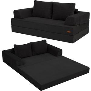 COMAX Futon Sofa Bed, Convertible Folding Sofa Bed, Boneless Couch Loveseat Corduroy with Pillows, Small Foldable Floor Couch Comfy Lounge Sleeper for Living Room Bedroom, Black