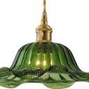 Vintage Glass Pendant LightGreen Flower Ceiling Pendant LightGold Adjustable Hanging Wire for Kitchen Island Dining Room Bedroom Hallway (10Inch - Green(A))