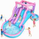 9-in-1 Inflatable Water Slide Bounce House 3 Slides Splash Pool Water Cannon Ball Pit Basketball 470W Blower 197x148x75 Inches Backyard Water Park for Kids Ages 3-8