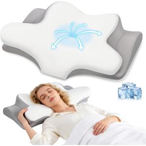 Cervical Neck Pillow, Memory Foam Pillows for Neck and Shoulder Pain Relief, 2 Heights Ergonomic Pillow with Breathable Ice Silk Cover, Neck Support Pillow for Side Sleepers White