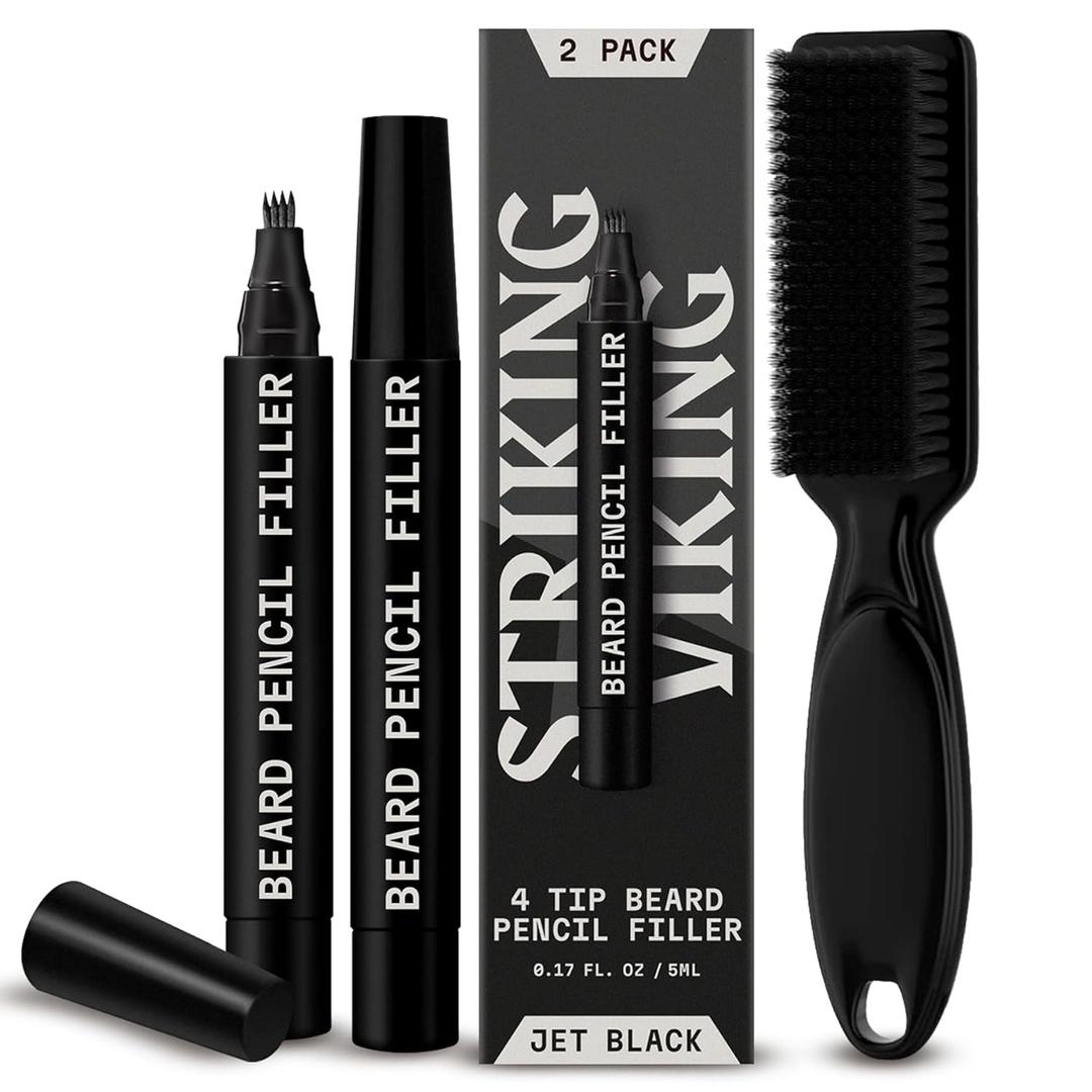 Striking Viking 2 Pack Beard Pencil Filler for Men with 4 Tips (Jet Black) - Fill, Shape & Define with this Long-Lasting, Waterproof Beard Pen Kit Including Brush