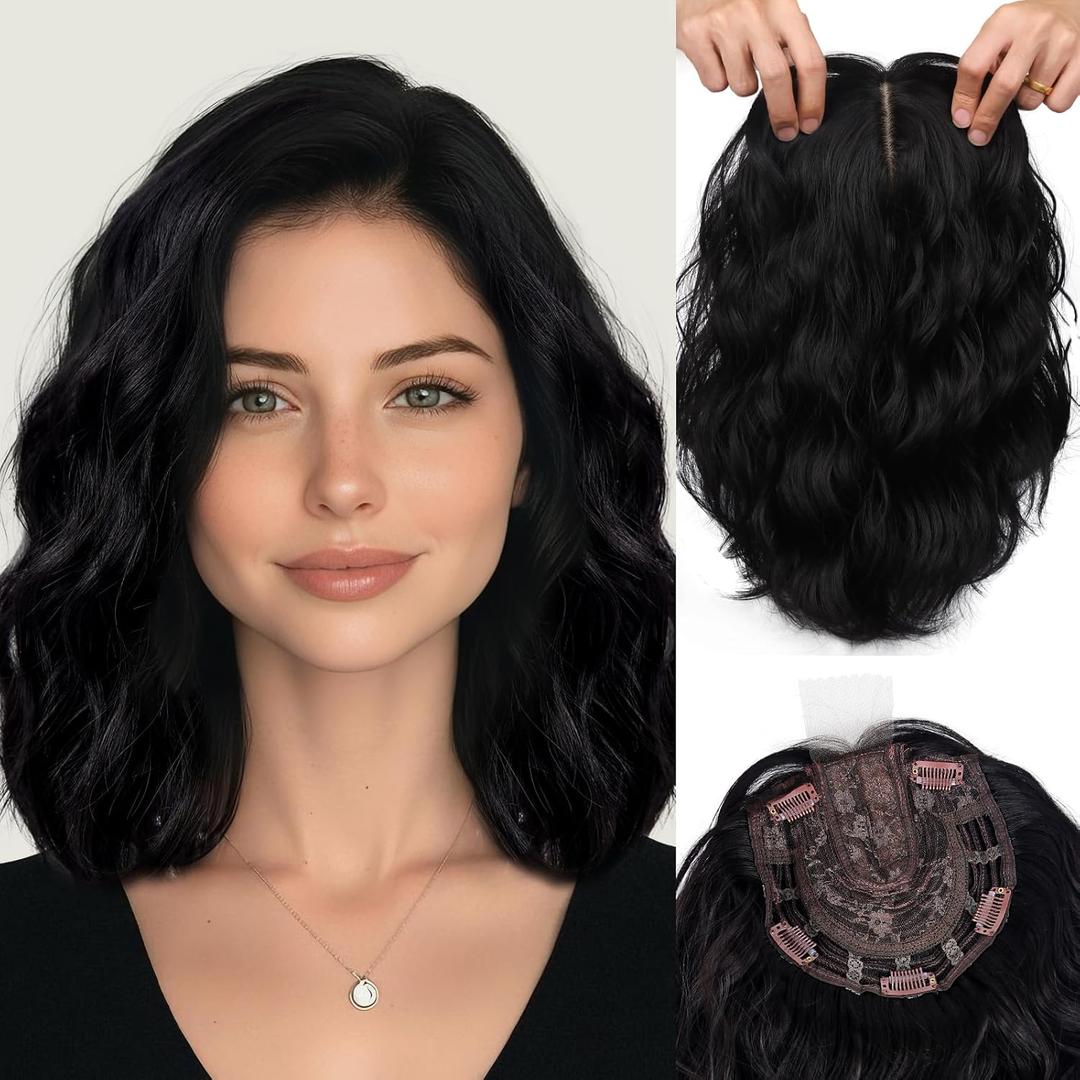 LEEONS 11 Inch Short Wavy Hair Topper for Women, 6.5"x6.5" Base Lightweight Synthetic, Natural-Looking Thinning/Gray Hair Coverage (1B#-Natural Black)