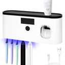 Punch-Free Wall Mounted Bathroom Toothbrush Holder, 5 Toothbrush Slots, Bathroom Toothbrush Sterilizer with Toothpaste Dispenser USB Charging Toothbrush Holder (White)