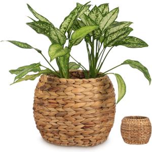 Cabilock Handwoven Hyacinth Planter Basket, Natural Woven Rattan Storage Basket for Small Plants, Eco-Friendly Indoor & Outdoor Decorative Pot Cover for Farmhouse, Boho Home Decor, 25X25X20CM