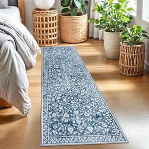 Vintage 2x7 Runner Rug, Blue and White Washable Runners for hallways, Super Soft Kitchen Runner Rug Non Slip, Print Faux Wool Floral Thin Carpet Runner for Entryway Indoor Bedside Runner
