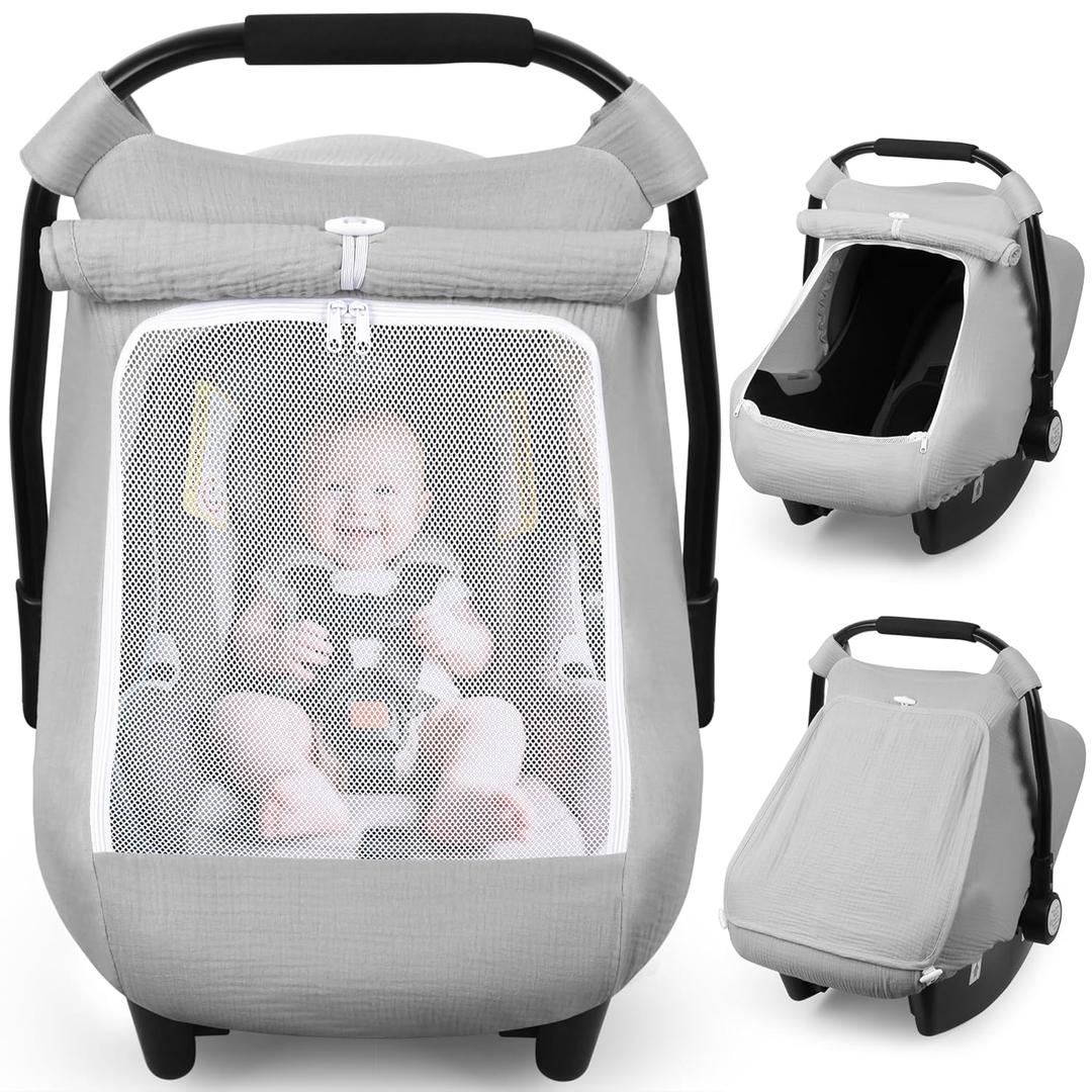 Rquite Car Seat Cover Baby, Carseat Covers Girl Boy, Breathable Muslin Cotton, Large Mesh Window, Infant Car Seat Canopy Baby Carrier Cover Stroller Sun Shade for Summer & Hot Day, Grey