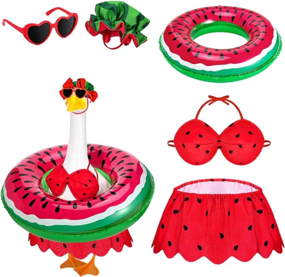 Bikini Porch Goose Outfits Summer Costume for 23" 17" Goose Statue, Swimsuit Set with Sunglasses, Swim Ring and Hat, Hawaiian Style for Garden Patio Lawn Yard Outdoor Decoration(Watermelon)