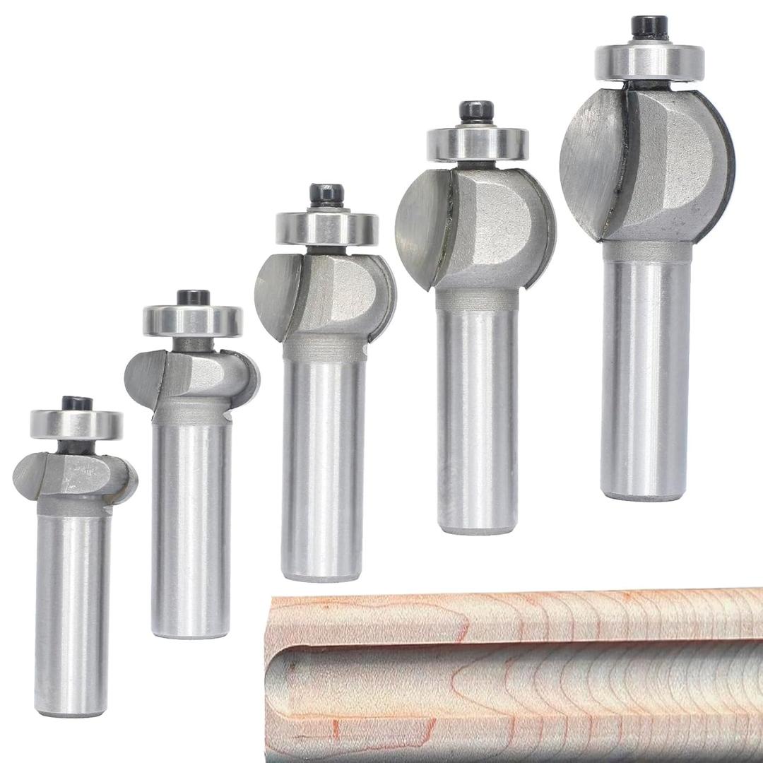 5Pcs Edging Fluting Bits Set,1/2" Shank, Concave Sunk Bead Router Bits Radius R4mm,R5mm,R5mm,R11.3mm,and R13.6mm,Bearing Guided Decorative Edge Bits for Wood Profiling,Molding (1/2"x 5pcs)