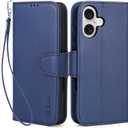 Arae Compatible with iPhone 16 Case Wallet with Card Holder, Wristlet Strap Wallet Flip Cover for iPhone 16 6.1 inch Men/Women, RFID Blocking, Kickstand,Litchi Blue