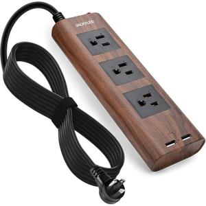 10Ft Extension Cord with USB Ports, SUPERDANNY Flat Plug Brown Power Strip Surge Protector 3 Widely Spaced Outlets, Electrical Outlet Extender, Desktop Charging Station, Walnut Wood Grain