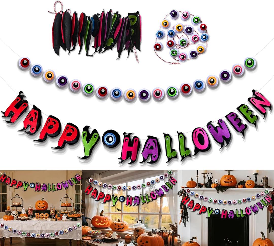 Pre-Strung Happy Halloween Banner, 9.8FT Felt Garland with 3D Eyeballs for Halloween Decorations, 2Pcs Indoor Banner for Mantle Indoor Fireplace Window Wall Home Party Decor