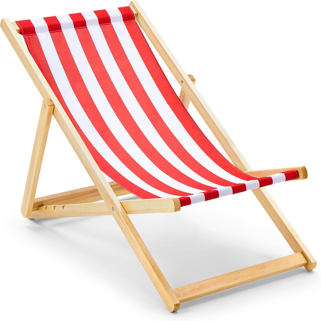 Solid Wood Folding Beach Chair, Adjustable Reclining Sling Chair with Red White Striped Canvas, Portable Outdoor Lounge Chair for Patio, Balcony, Poolside & Camping, No Assembly Required
