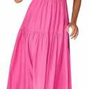 Women's V-Neck Long Summer Puff Short Sleeve Maxi A-Line Slim Waist Pleated Dresses (Medium, Hot Pnnrk)