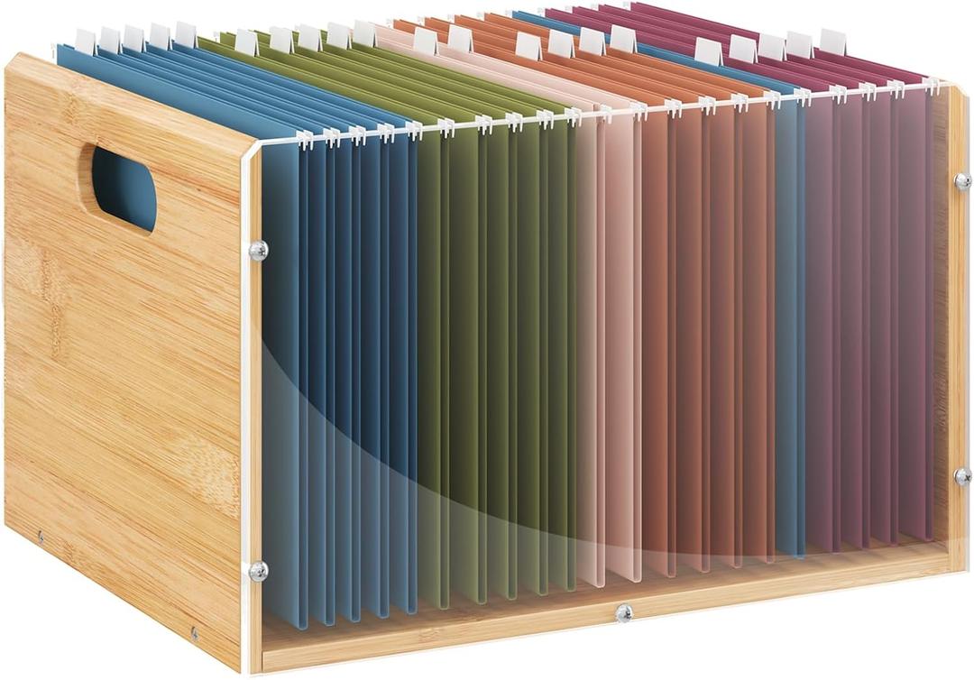 Letter/Legal Bamboo Acrylic File Box Organizer, Hanging File Folder Storage Boxes, Decorative Document Crate Transparent Filing Bin with Handle for Home Office Desk (1 Pack)
