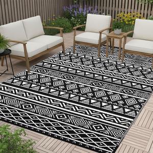 RURALITY Outdoor Rugs 8'x10' Waterproof for Patios Clearance,Plastic Straw Mats for Backyard,Porch,Deck,Balcony,Black&White