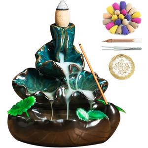 Cute Ceramic Backflow Incense Holder Waterfall Incense Burner with 48 Incense Cones and 30 Incense Stick, Incense Fountain for Home Decor, Desk Decor(Cyan)