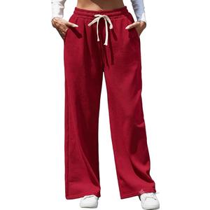 Womens Wide Leg Corduroy Pants Elastic Waisted Casual Sweatpants Adjustable Drawstring Warm Trousers with Pockets  2 Red