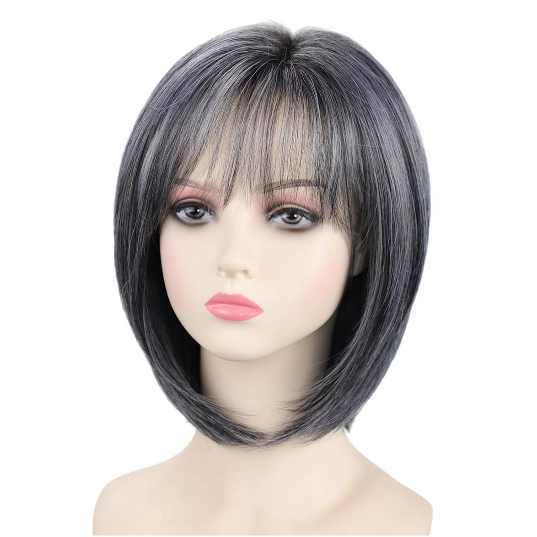 RENERSHOW Grey Medium Length Bob Wig with Bangs Layered Straight Hair Wigs for Women Salt Pepper Wig with Dark Roots Natural Dark Grey Daily Hairstyle Lightweight Hair Replacement Wig