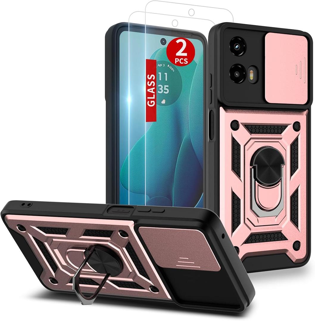 for Moto G-5g-2024 Case: with 2PC Screen Protector,Sliding Camera Cover and Kickstand for Phone Cover Moto G 2024 case,Rose Gold