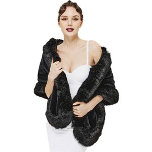 BABEYOND Faux Fur Shawl for Women with Collar Scarf Wrap Faux Fur Evening Cape for Winter Coat (One Size, Black)