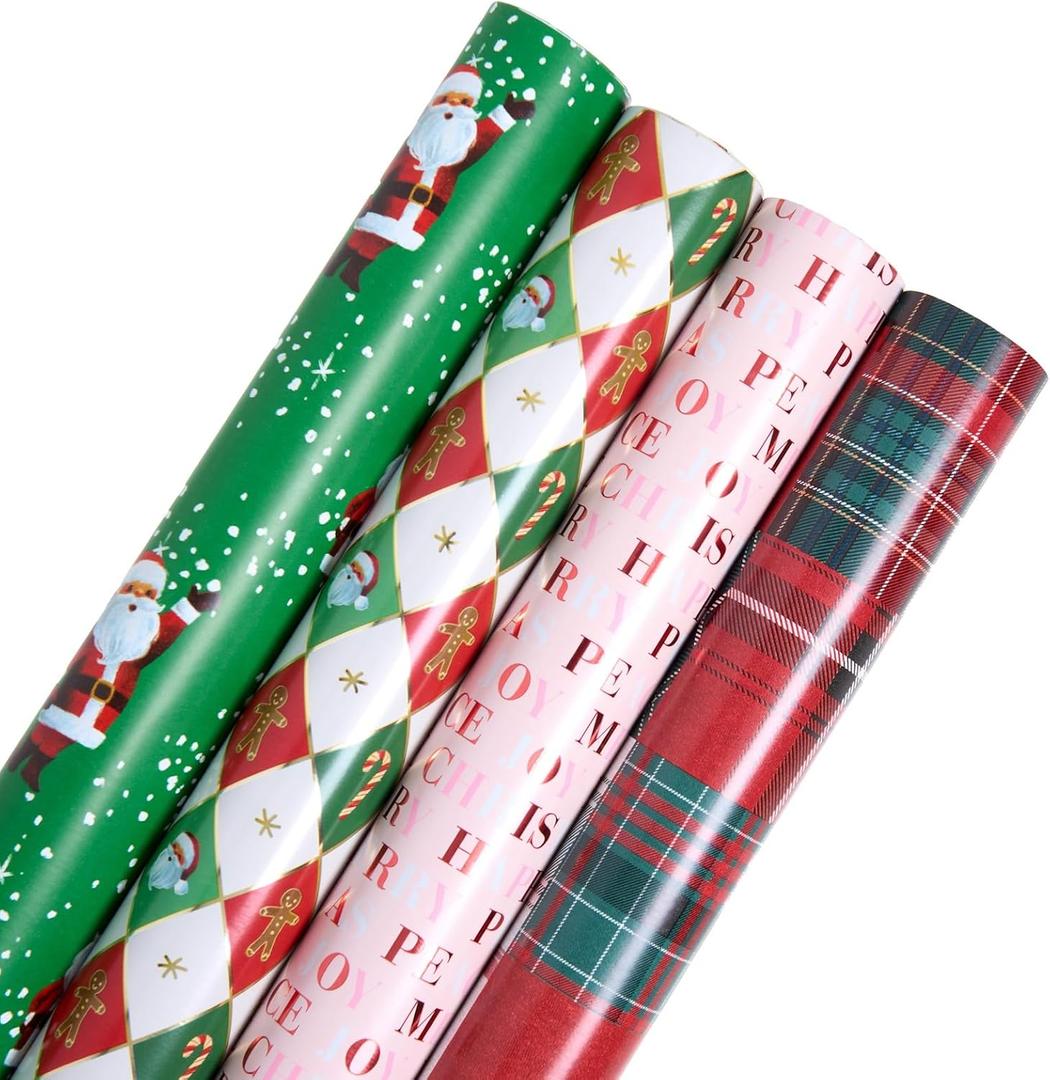 Gartner Studios 12 Foot Premium Traditional Whimsy Holiday Gift Wrapping Paper – 4 Rolls with Gridlines for Easy Cutting