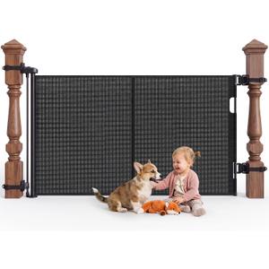 Reinforced Retractable Baby Gate for Stairs & Banister, 55" Wide Mesh Dog Gate, One-Handed Dual Lock Safety Gate for Kids & Pets, Fits Round & Square Posts (Black)