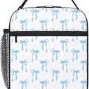 Cute Blue Bow Insulated Lunch Bag,Kids Lunch Box For Girls Boys Teens | Reusable Lightweight Waterproof Large Capacity with Water Bottle Holder Buckle Handle Double Zippers For School Work Picnic