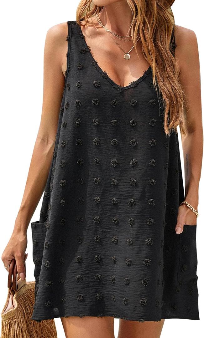 Blooming Jelly Womens Casual Sun Summer Dresses Swiss Polka Dot Beach Cover Up V Neck Tank Dress with Pockets S