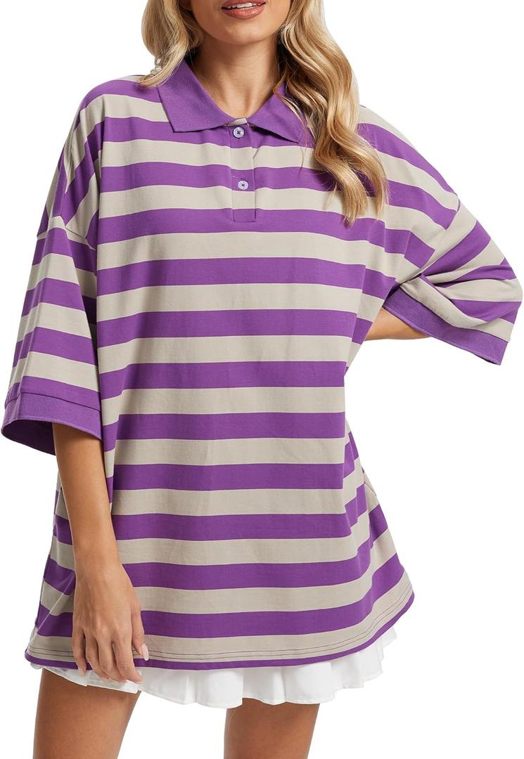 Womens Striped Polo T-Shirts Oversized Short Sleeve Top Cotton Color Block Loose Basic Tee Casual Tunics Summer Spring Tops (Purple, M)