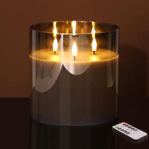 Eywamage 3 Wick Smoke Grey Glass Flameless LED Candle with Remote, Flickering Large Battery Pillar Candle Decor  6" H 6"