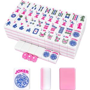 166pcs American Mahjong Tile Set with Pink Back Tiles for Family Night, 1.2-inch Mahjong Game Set with 3 Dice for Gathering, Party, Camping(Tiles Only)