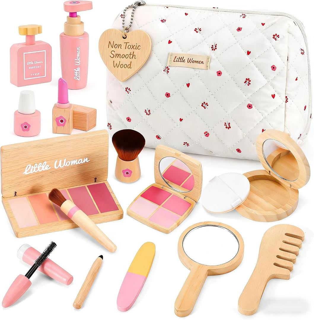 Wooden Makeup Toy Set for Girls: Pretend Makeup Play Set for Toddlers 3-5 - Kids Makeup Set with Eyeshadow/ Mascara/ Mirror/ Bag - Gifts Toys for 3 4 5 6 7 8 Years Old Kids Children