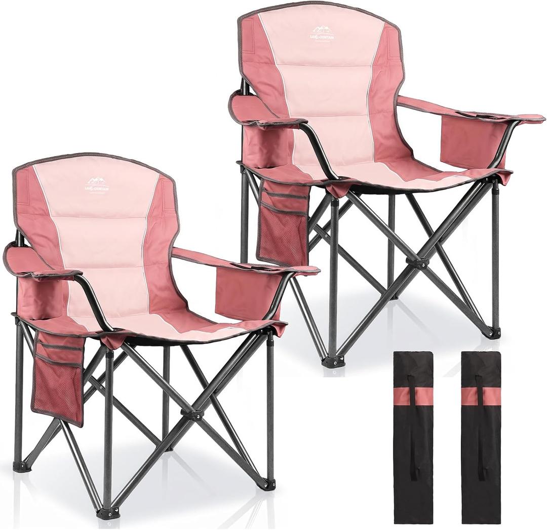 2 Pack Padded Oversized Camping Chairs for Adults,Heavy Duty Support 400 Lbs,Folding Portable Lawn Chair w/Cup Holder,Cooler Bag,Side Pocket,Perfect for Outdoor Picnic,Hiking(Pink), 32.5 x 24 x 39.8 inches