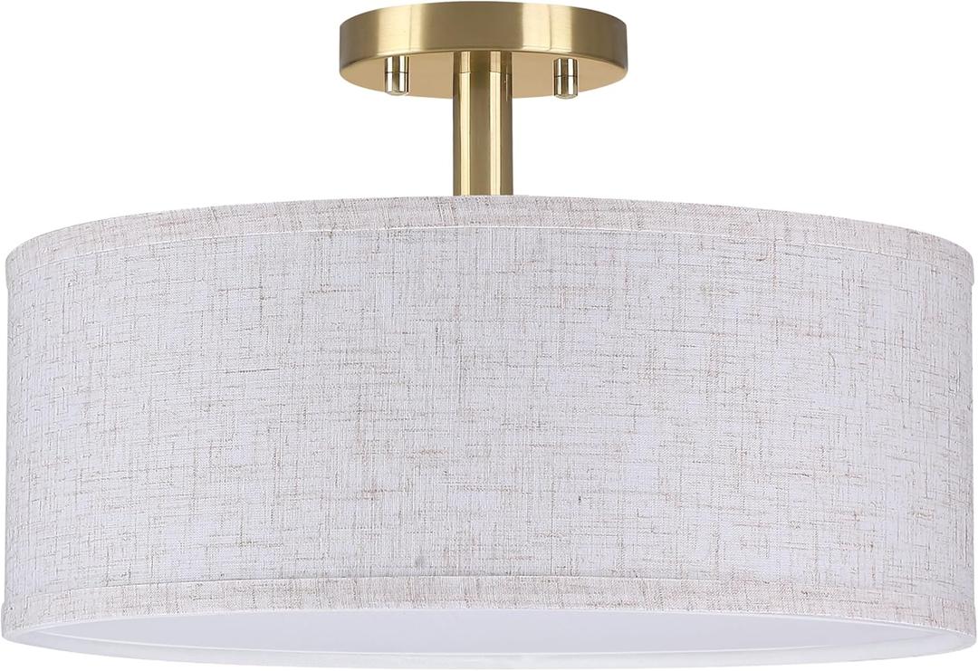 15 Inch Drum Gold 3 Light Semi Flush Mount Close to Ceiling Light Fixture,Linen Fabric Shade for Bedroom,Living Room,Dining Room Hallway