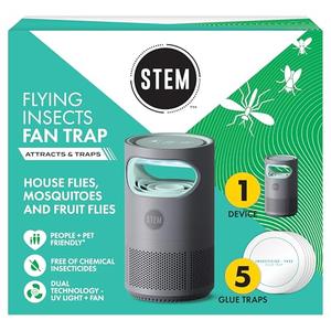 STEM Flying Insect Fan Trap for Indoor Bug Control, Attracts Mosquitoes, Fruit Flies, and House Flies, Plug-in Fan with UV Light, Starter Kit Includes 1 Device and 5 Glue Traps