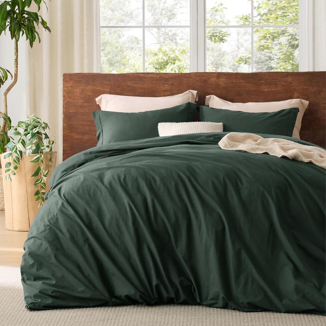 Bedsure 100% Washed Cotton Duvet Cover King Size - Forest Green Minimalist Cotton Duvet Cover Linen Like for All Seasons - GentleSoft Plain Simple Bedding (Forest Green, King, 104"x90")