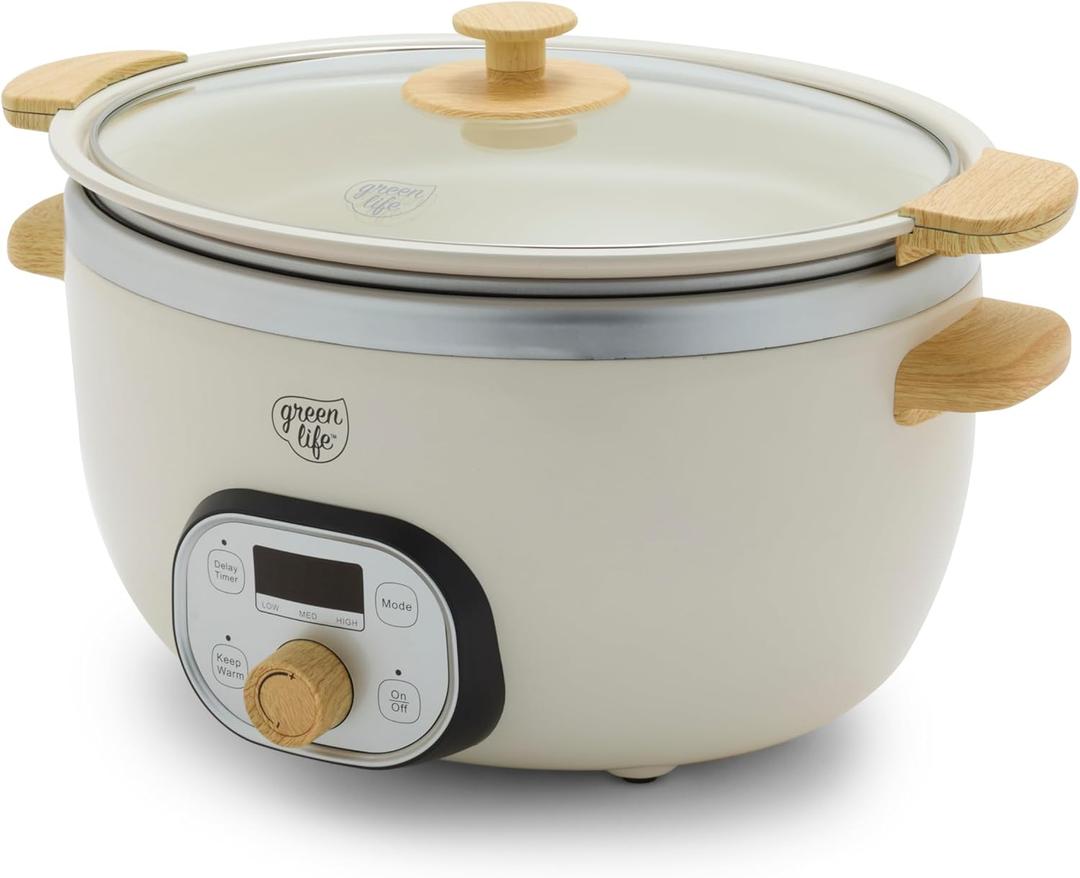 GreenLife 6 QT Ceramic Non Stick Slow Cooker, PFAS-Free Programmable Removable Pot for Family Meals, Sear on Stovetop Keep Warm, Digital Timer, Dishwasher Safe Glass Lid & Crock, Cream