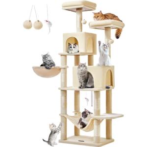 Taoqimiao Cat Tree, 66.2-Inch Cat Tower for Indoor Cats, Plush Multi-Level Cat Condo with 7 Scratching Posts, 2 Perches, 2 Caves, Hammock, 2 Pompoms, Beige MS013M